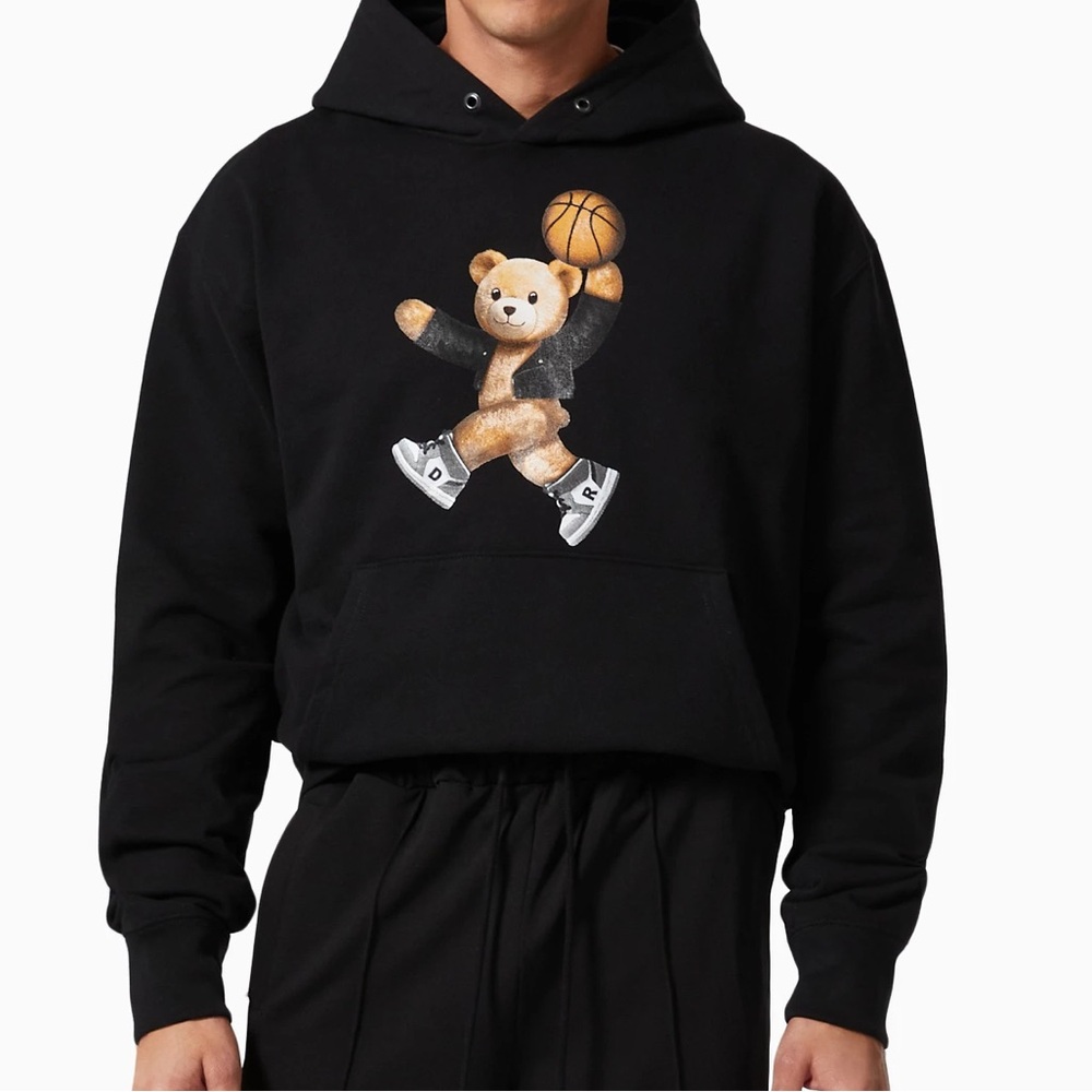 DOMREBEL Montreal Jumpbear Black Hoodie with Bear Basketball Graphic